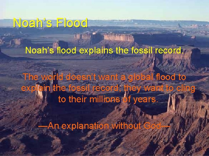Noah’s Flood Noah’s flood explains the fossil record. The world doesn’t want a global Noah’s Flood Noah’s flood explains the fossil record. The world doesn’t want a global