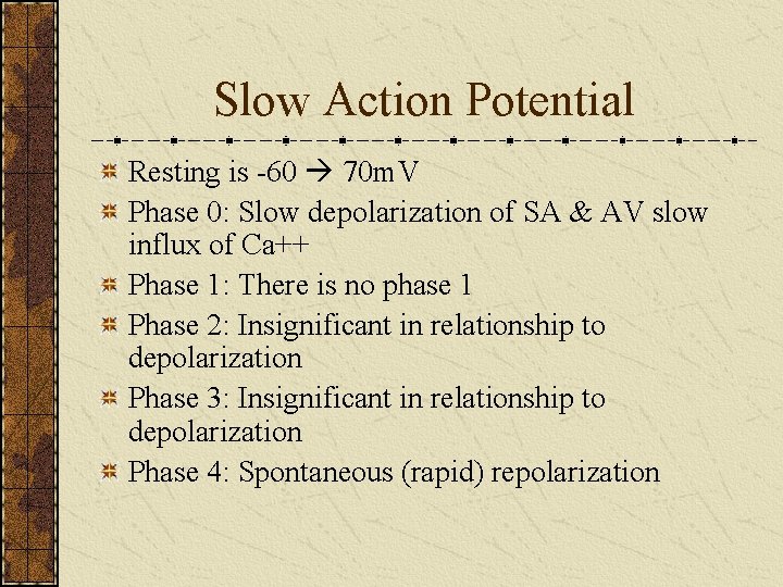 Slow Action Potential Resting is -60 70 m. V Phase 0: Slow depolarization of