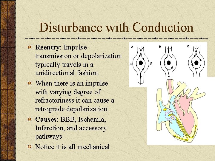 Disturbance with Conduction Reentry: Impulse transmission or depolarization typically travels in a unidirectional fashion.