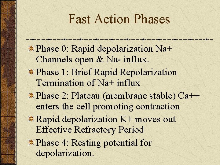 Fast Action Phases Phase 0: Rapid depolarization Na+ Channels open & Na- influx. Phase