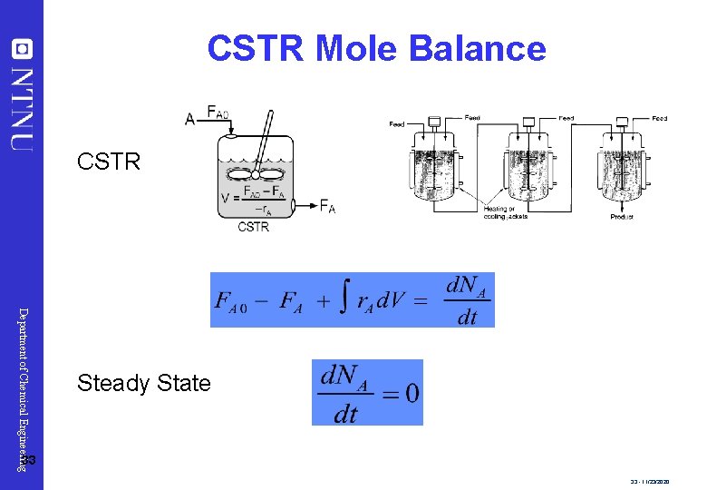 CSTR Mole Balance CSTR Department of Chemical Engineering Steady State 33 33 - 11/23/2020