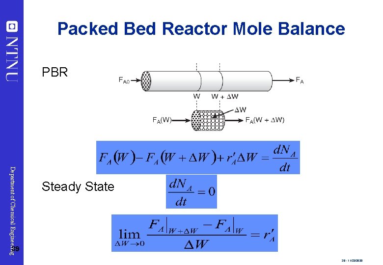 Packed Bed Reactor Mole Balance PBR Department of Chemical Engineering Steady State 39 39