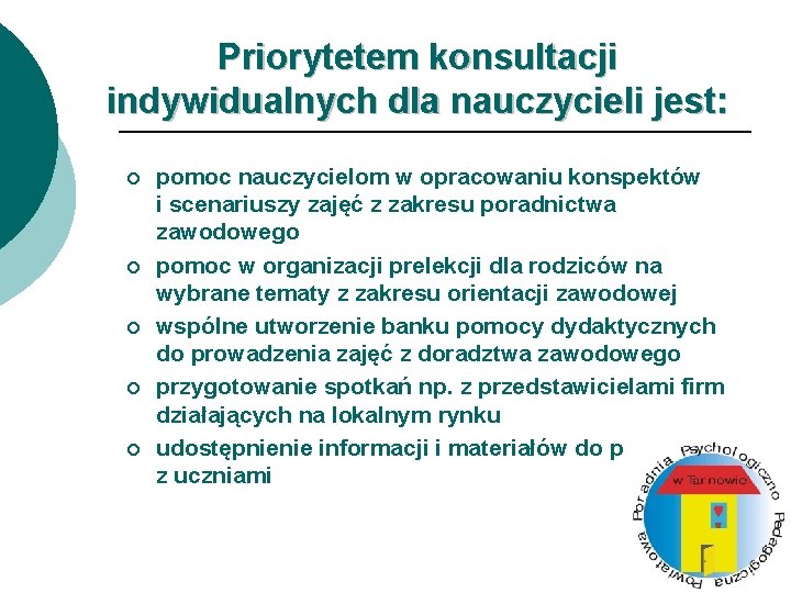 Priorytetem konsultacji indywidualnych dla nauczycieli jest: ¡ ¡ ¡ pomoc nauczycielom w opracowaniu konspektów