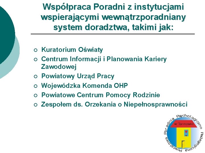 Współpraca Poradni z instytucjami wspierającymi wewnątrzporadniany system doradztwa, takimi jak: ¡ ¡ ¡ Kuratorium