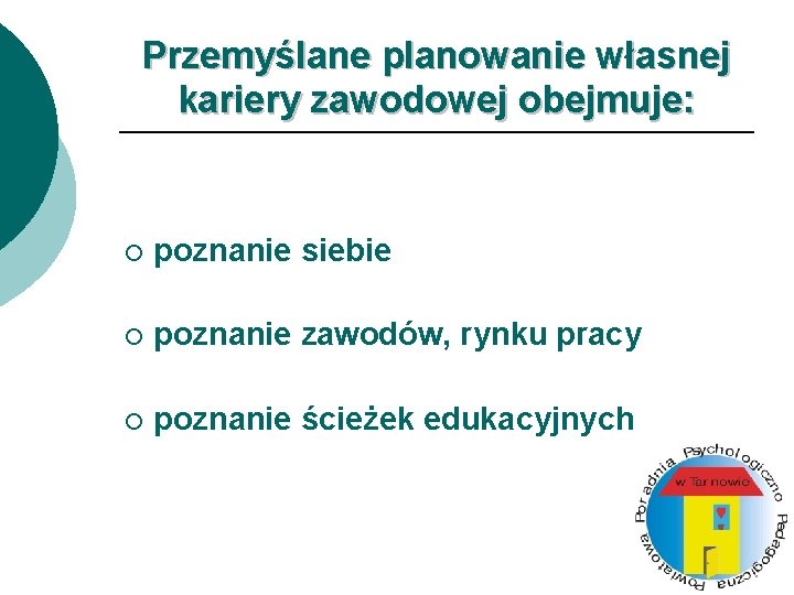 Przemyślane planowanie własnej kariery zawodowej obejmuje: ¡ poznanie siebie ¡ poznanie zawodów, rynku pracy