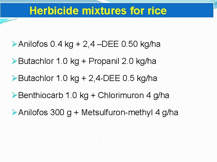 Herbicide mixtures for rice ØAnilofos 0. 4 kg + 2, 4 –DEE 0. 50