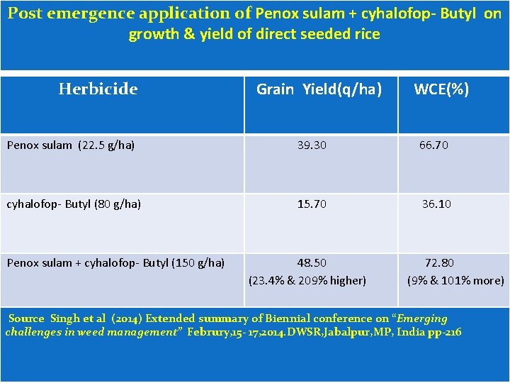 Post emergence application of Penox sulam + cyhalofop- Butyl on growth & yield of