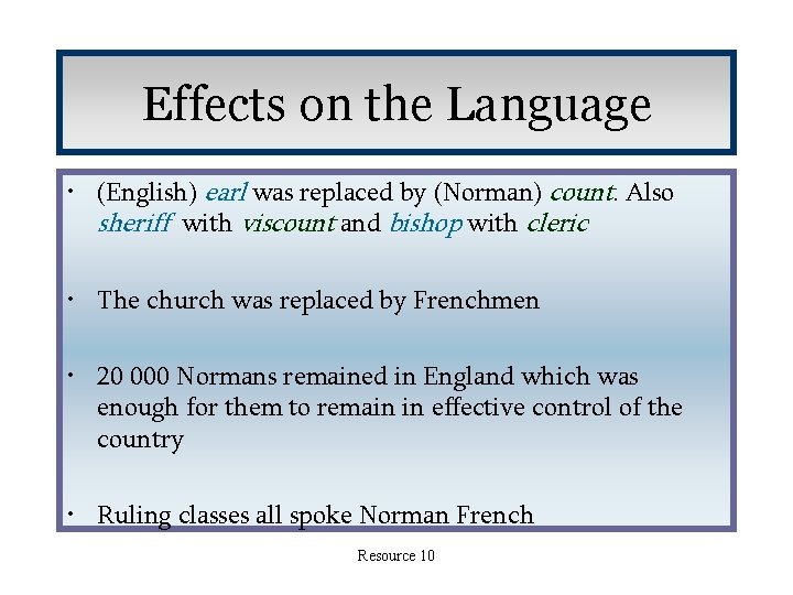 Effects on the Language • (English) earl was replaced by (Norman) count. Also sheriff