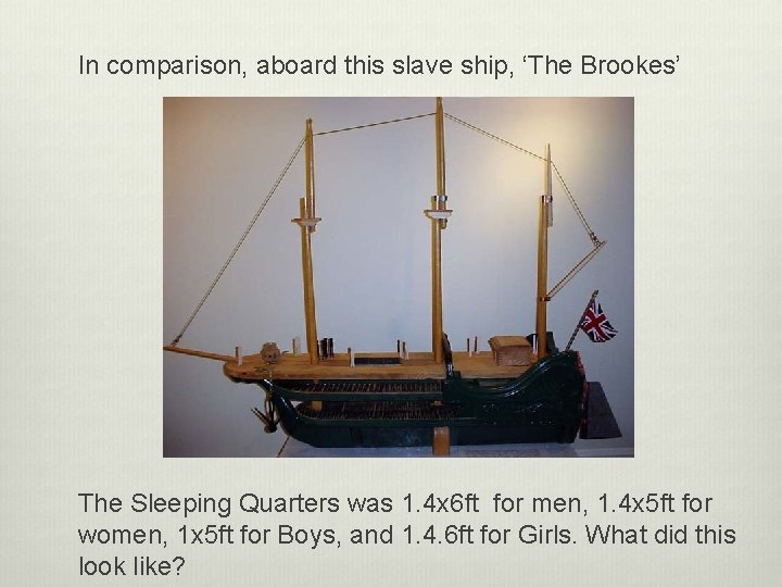 In comparison, aboard this slave ship, ‘The Brookes’ The Sleeping Quarters was 1. 4