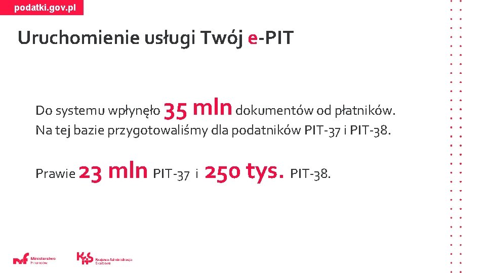podatki. gov. pl Uruchomienie usługi Twój e-PIT 35 mln Do systemu wpłynęło dokumentów od