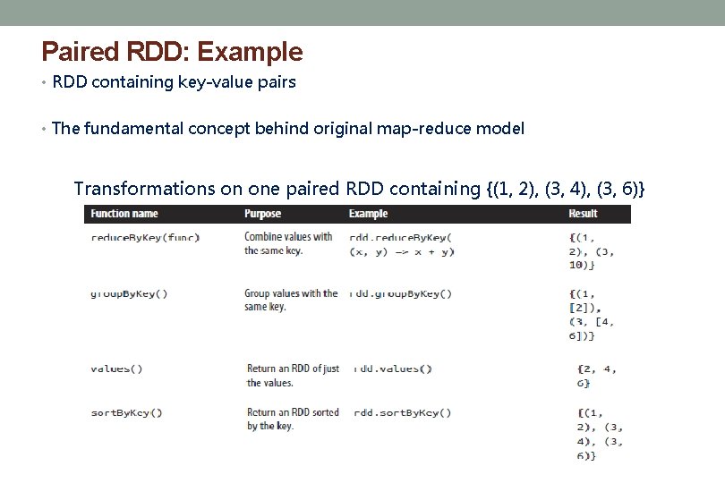 Paired RDD: Example • RDD containing key-value pairs • The fundamental concept behind original