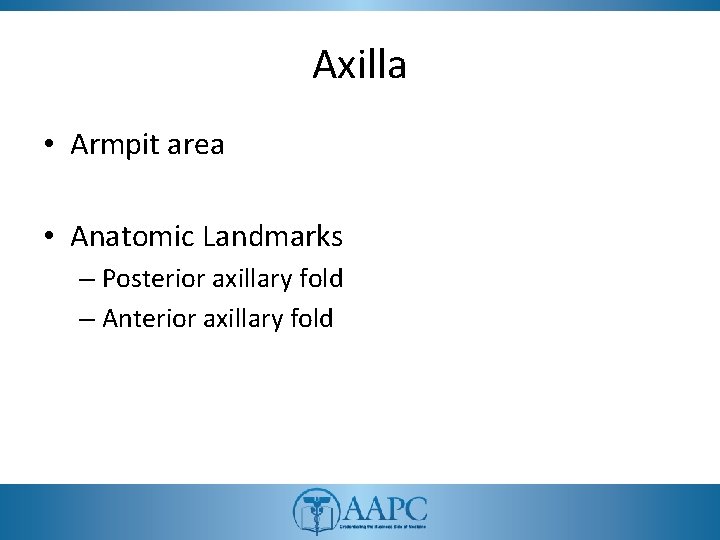Axilla • Armpit area • Anatomic Landmarks – Posterior axillary fold – Anterior axillary