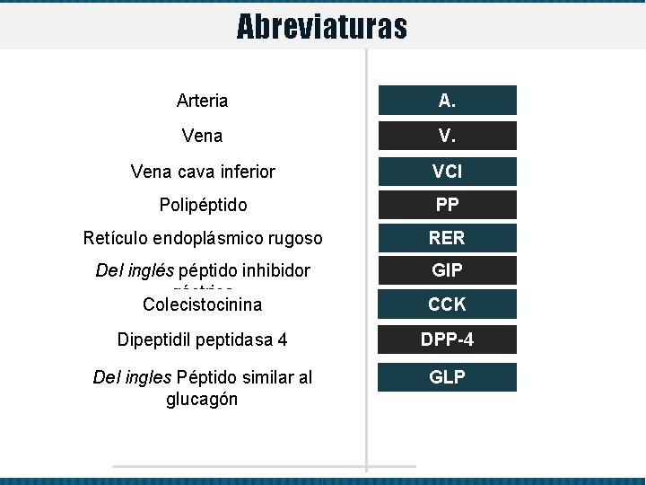 Abreviaturas Arteria A. Vena V. Vena cava inferior VCI Polipéptido PP Retículo endoplásmico rugoso