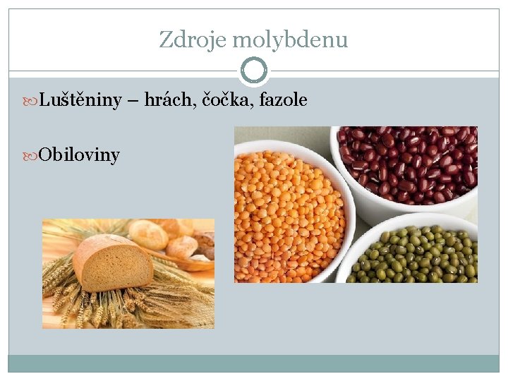Zdroje molybdenu Luštěniny – hrách, čočka, fazole Obiloviny 