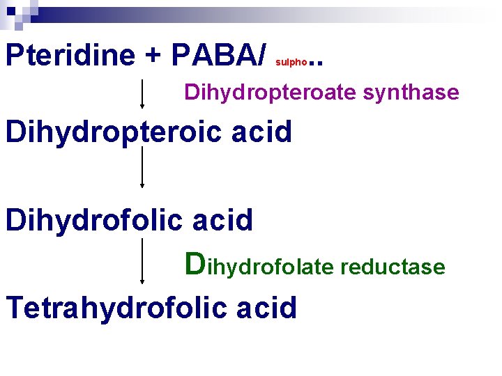 Pteridine + PABA/ sulpho . . Dihydropteroate synthase Dihydropteroic acid Dihydrofolate reductase Tetrahydrofolic acid