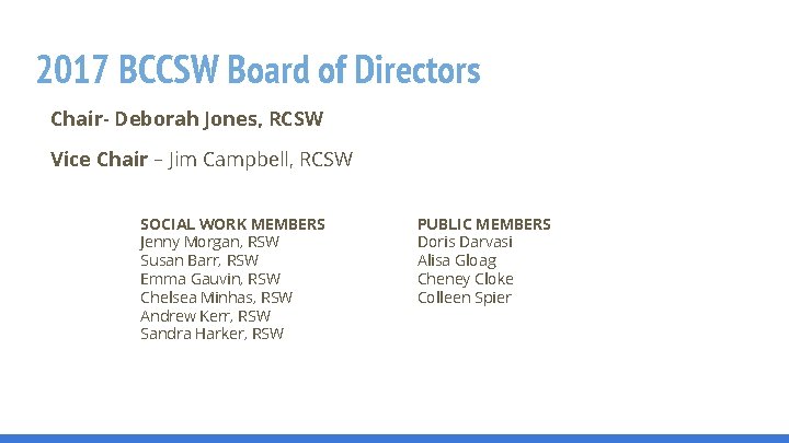 2017 BCCSW Board of Directors Chair- Deborah Jones, RCSW Vice Chair – Jim Campbell,