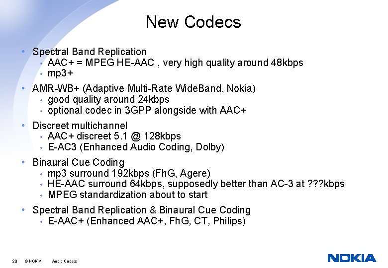 New Codecs • Spectral Band Replication • AAC+ = MPEG HE-AAC , very high