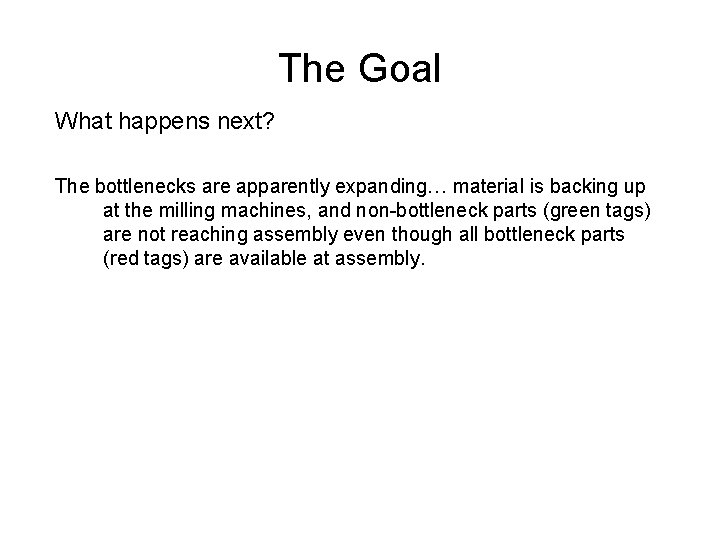 The Goal What happens next? The bottlenecks are apparently expanding… material is backing up