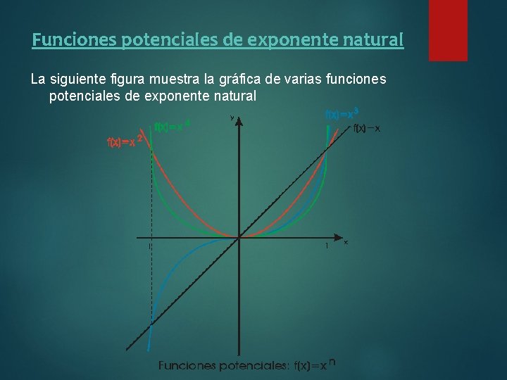 Funciones potenciales de exponente natural La siguiente figura muestra la gráfica de varias funciones Funciones potenciales de exponente natural La siguiente figura muestra la gráfica de varias funciones