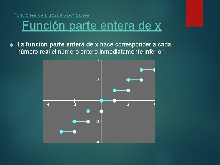 Funciones de a trozos o por partes Función parte entera de x La función