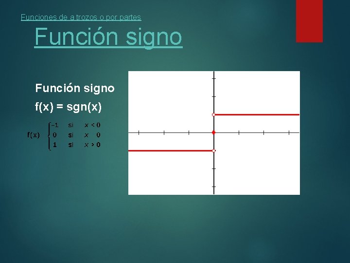 Funciones de a trozos o por partes Función signo f(x) = sgn(x) 