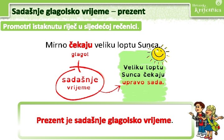 Sadašnje glagolsko vrijeme – prezent Promotri istaknutu riječ u sljedećoj rečenici. Mirno čekaju veliku