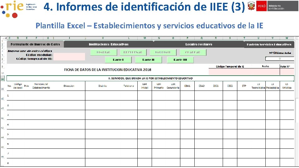4. Informes de identificación de IIEE (3) Plantilla Excel – Establecimientos y servicios educativos