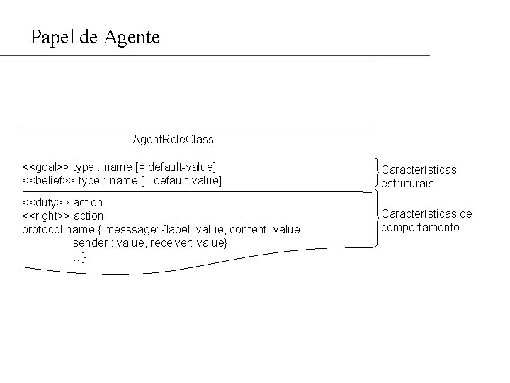 Papel de Agent. Role. Class <<goal>> type : name [= default-value] <<belief>> type :