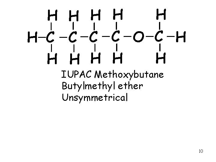 H H H C C O C H H H IUPAC Methoxybutane Butylmethyl ether