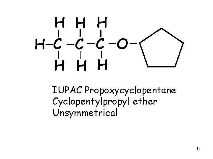 H H C C C O H H H IUPAC Propoxycyclopentane Cyclopentylpropyl ether Unsymmetrical