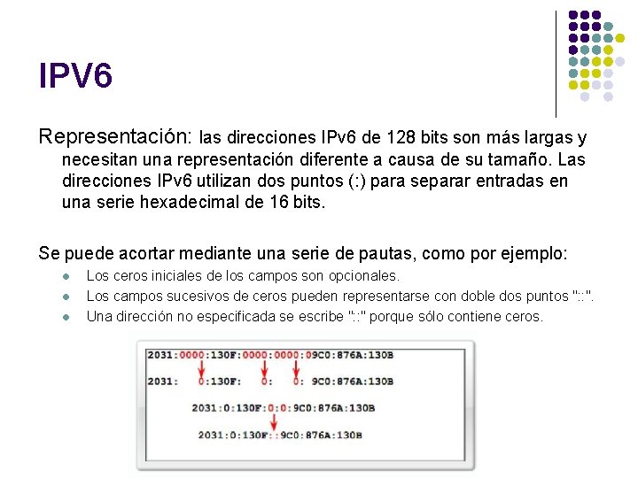 IPV 6 Representación: las direcciones IPv 6 de 128 bits son más largas y