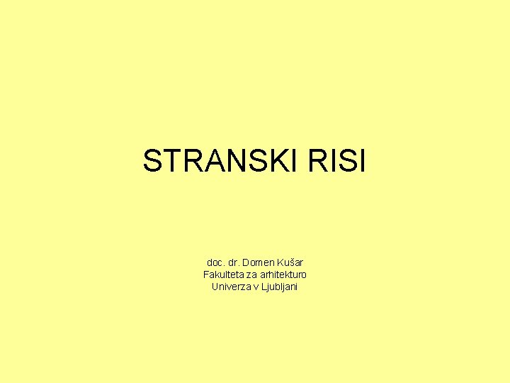 STRANSKI RISI doc. dr. Domen Kušar Fakulteta za arhitekturo Univerza v Ljubljani 