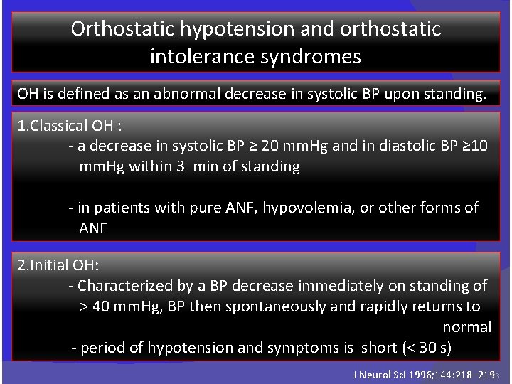 Orthostatic hypotension and orthostatic intolerance syndromes OH is defined as an abnormal decrease in