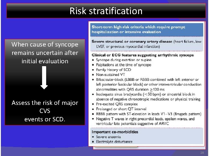 Risk stratification When cause of syncope remains uncertain after initial evaluation Assess the risk