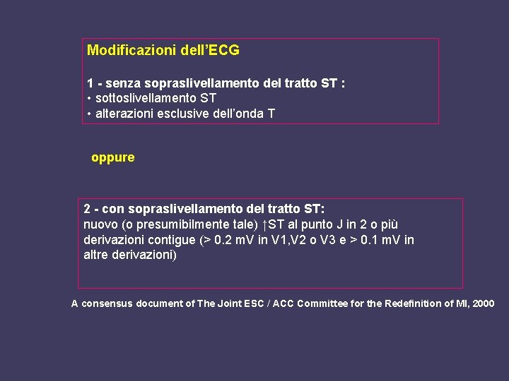 Modificazioni dell’ECG 1 - senza sopraslivellamento del tratto ST : • sottoslivellamento ST •