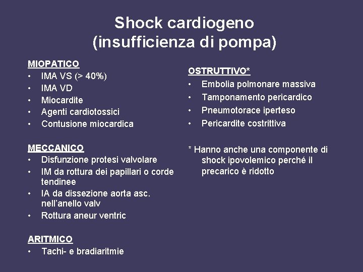 Shock cardiogeno (insufficienza di pompa) MIOPATICO • IMA VS (> 40%) • IMA VD