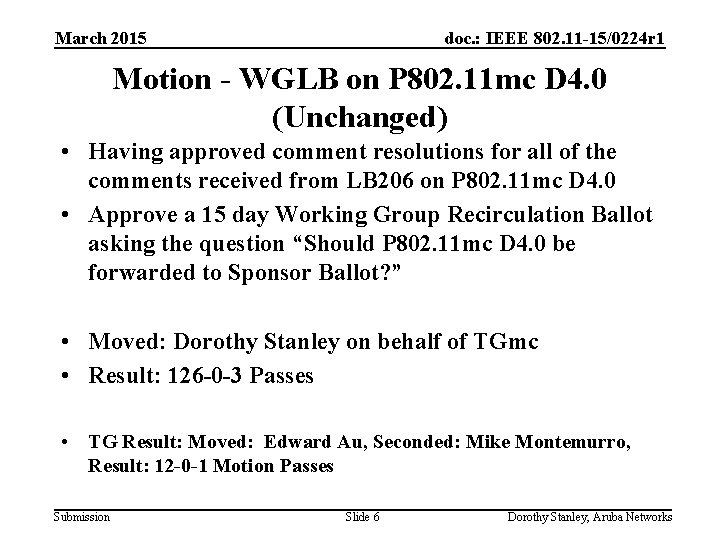 March 2015 doc. : IEEE 802. 11 -15/0224 r 1 Motion - WGLB on