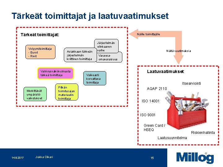 Tärkeät toimittajat ja laatuvaatimukset Tärkeät toimittajat: Volyymitoimittaja - Eurot - Rivit Näille toimittajille Asiakkaan