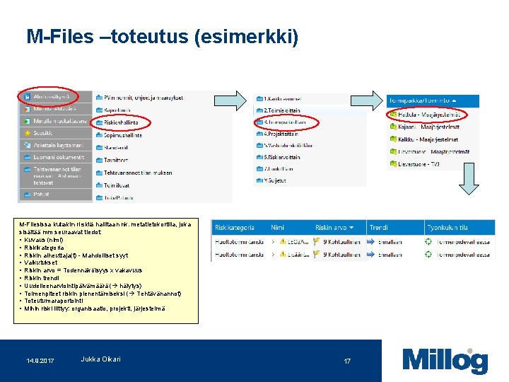 M-Files –toteutus (esimerkki) M-Filesissa kutakin riskiä hallitaan nk. metatietokortilla, joka sisältää mm seuraavat tiedot: