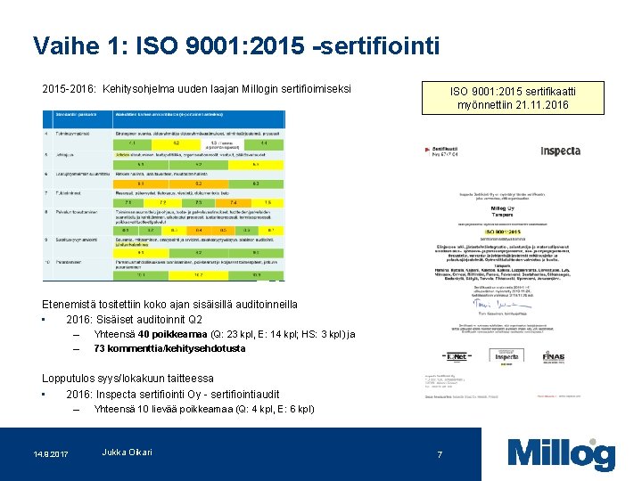 Vaihe 1: ISO 9001: 2015 -sertifiointi 2015 -2016: Kehitysohjelma uuden laajan Millogin sertifioimiseksi ISO