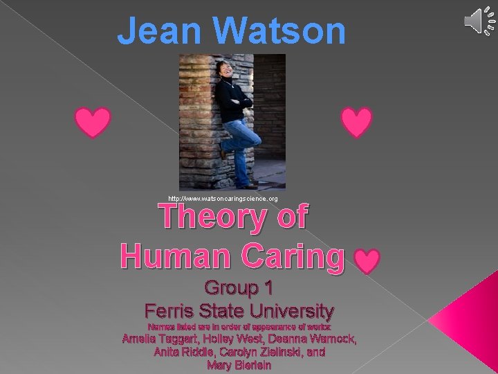 Jean Watson http: //www. watsoncaringscience. org Theory of Human Caring Group 1 Ferris State