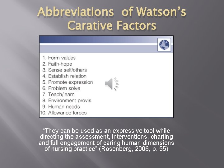 Abbreviations of Watson’s Carative Factors “They can be used as an expressive tool while