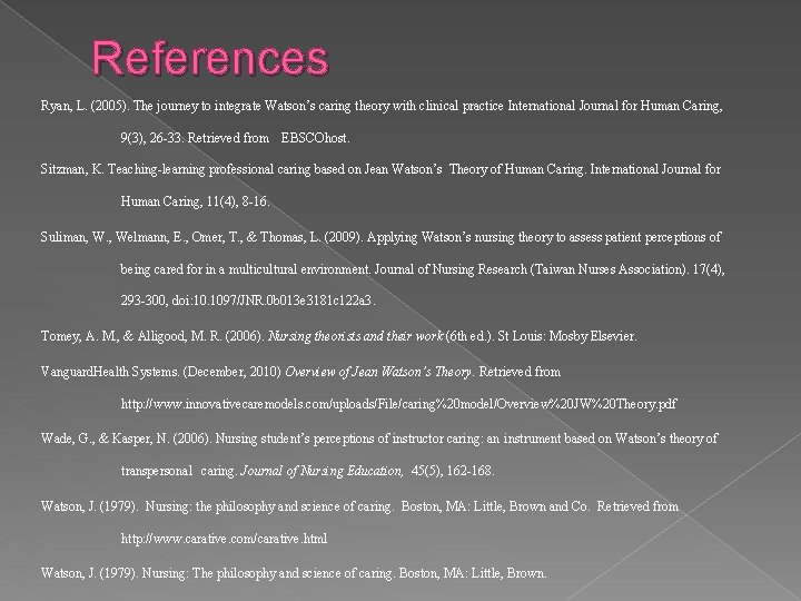 References Ryan, L. (2005). The journey to integrate Watson’s caring theory with clinical practice