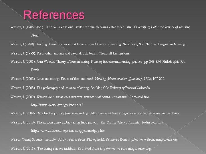 References Watson, J. (1986, Dec. ). The dean speaks out: Center for human caring