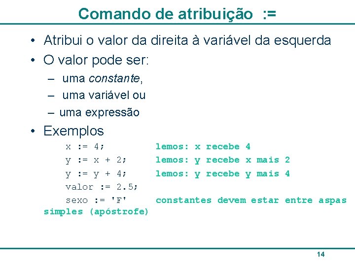 Comando de atribuição : = • Atribui o valor da direita à variável da