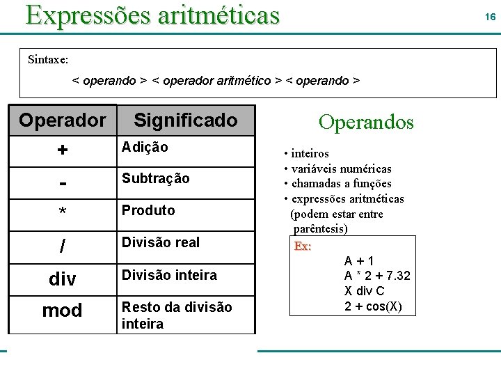 Expressões aritméticas 16 Sintaxe: < operando > < operador aritmético > < operando >