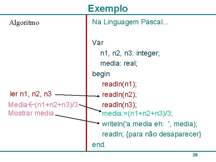 Exemplo Algoritmo ler n 1, n 2, n 3 Media (n 1+n 2+n 3)/3