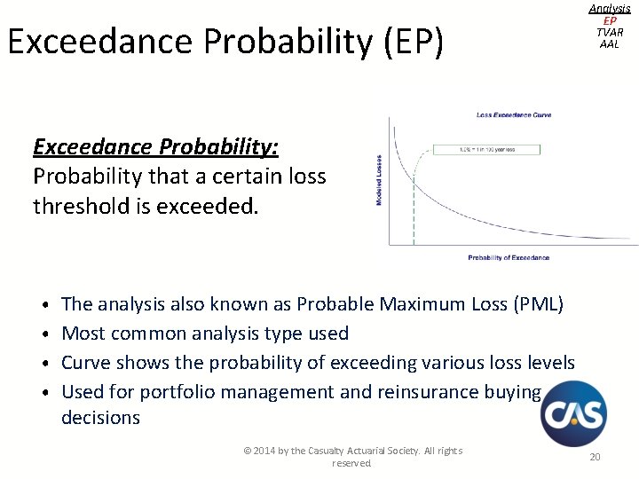 Exceedance Probability (EP) Analysis EP TVAR AAL Exceedance Probability: Probability that a certain loss