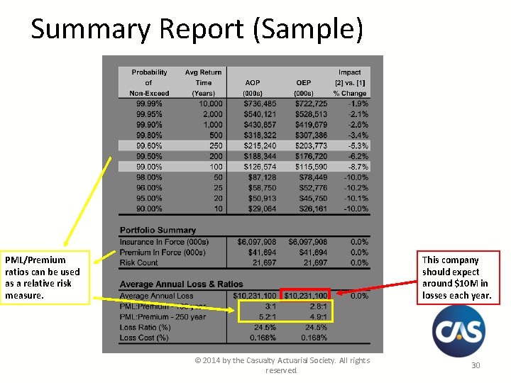 Summary Report (Sample) PML/Premium ratios can be used as a relative risk measure. This