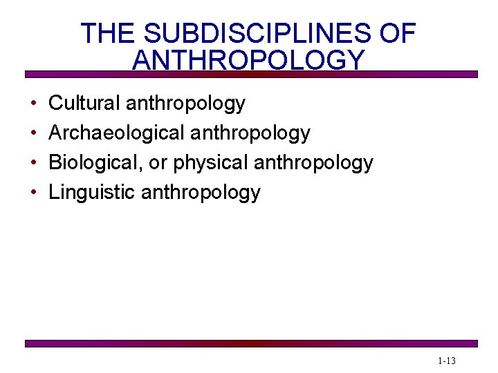 THE SUBDISCIPLINES OF ANTHROPOLOGY • • Cultural anthropology Archaeological anthropology Biological, or physical anthropology